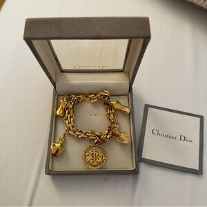 VINTAGE Dior Gold-Tone Charm Bracelet with Signature Medallion and Hearts